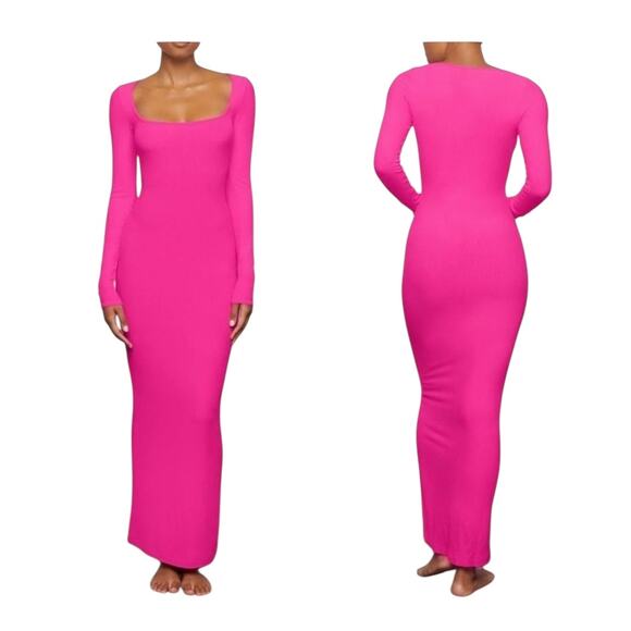 NWT Skims Hot Pink Soft Lounge Long Sleeve Square Neck Mermaid Maxi Dress XL - Picture 2 of 11